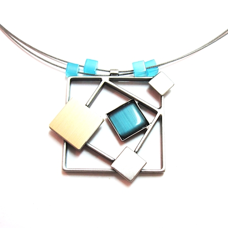 Two-tone Blue Catsite Squares Multi-wire Necklace Crono Design - Click Image to Close